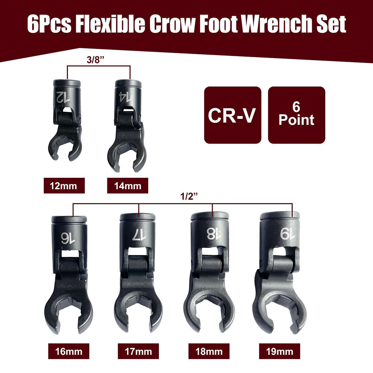 6PCS Fuel Line Wrench Set Swivel Head CR-V for Car Truck