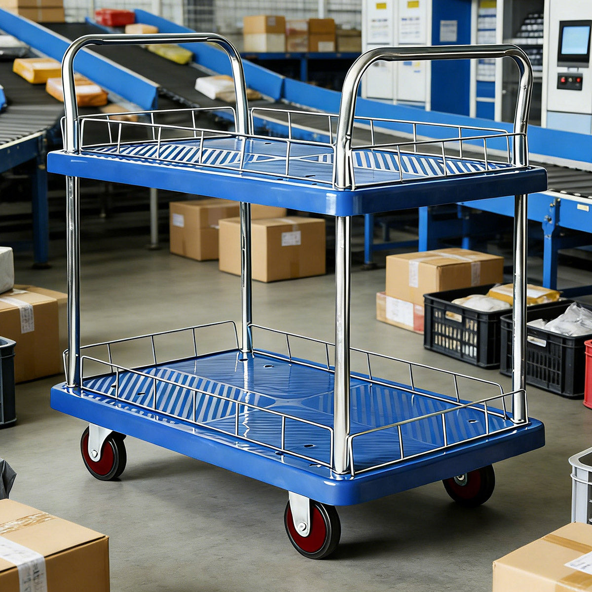 2 Tier Silent Flatbed Trolley Double Handle Warehouse Transport Cart