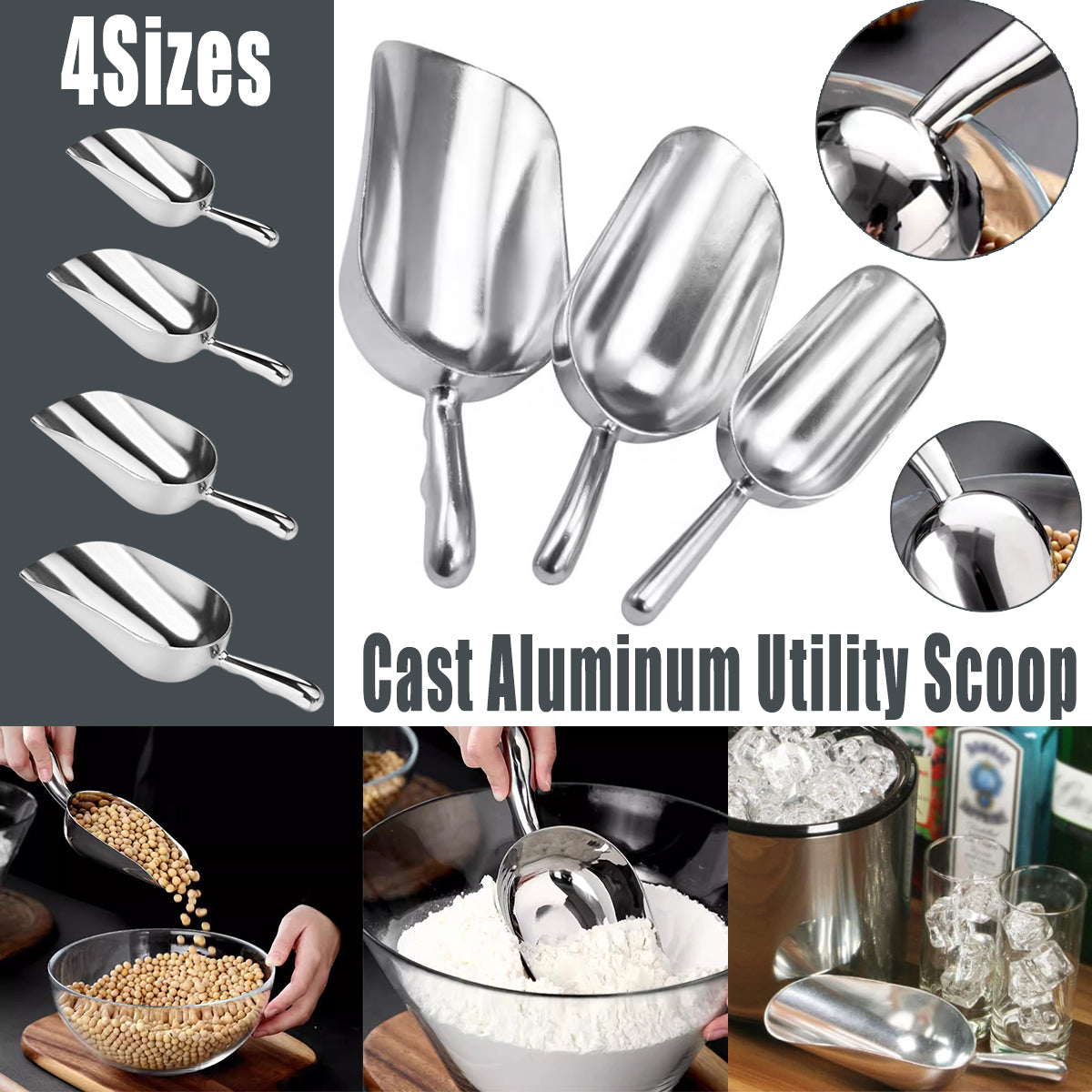 4 Sizes Aluminum Alloy Ice, Flour Rice Scoops Multipurpose