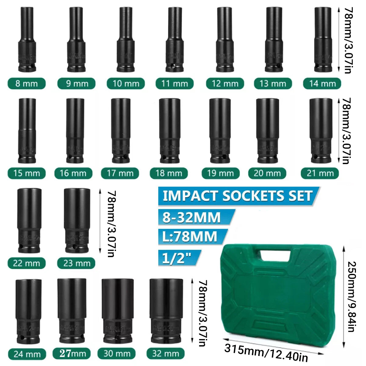 20-Piece 1/2-In Drive Socket Set 8–32 mm with Storage Case