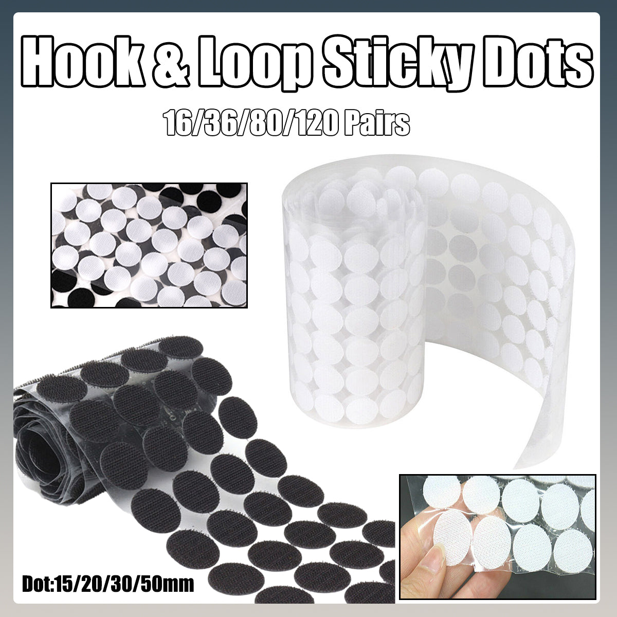Hook and Loop Self Adhesive Dots Coins Circles Tape Black White