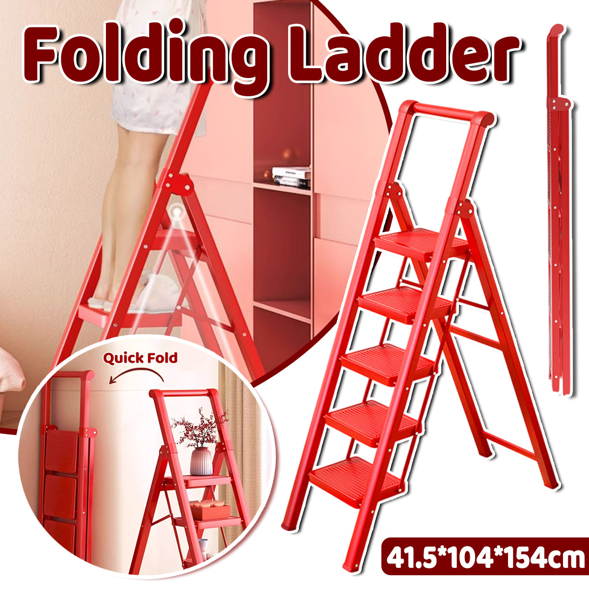 5 Step Folding Carbon Steel Ladder for Home Kitchen Garage