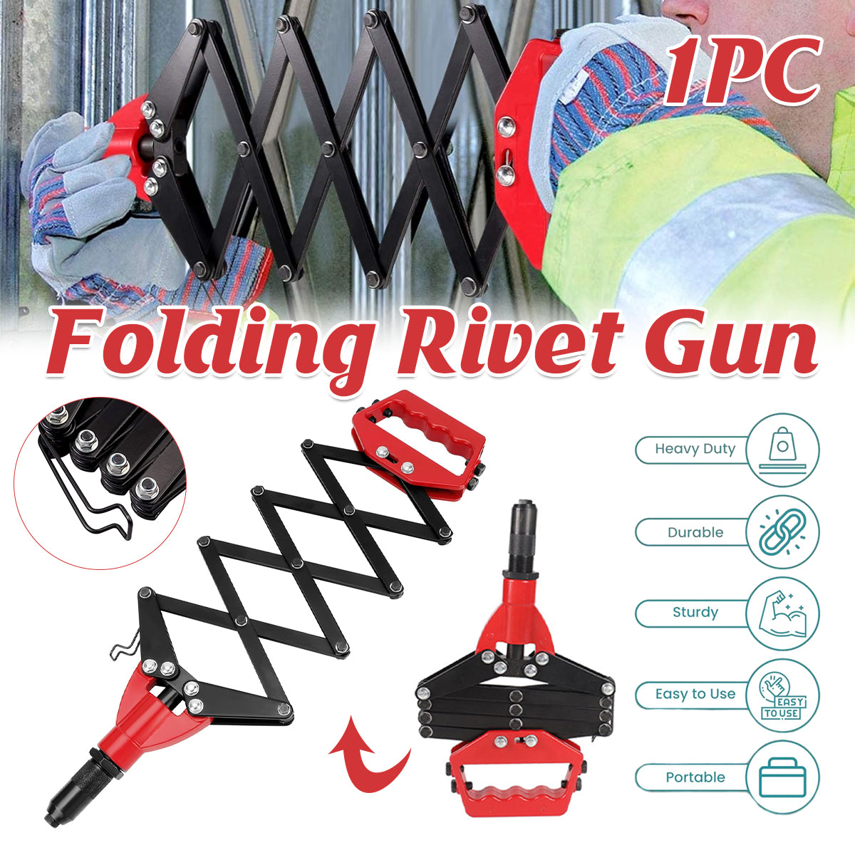 Folding Rivet Gun Tool Kit with 5 Nozzles for Metal Wood Plastic Repairs