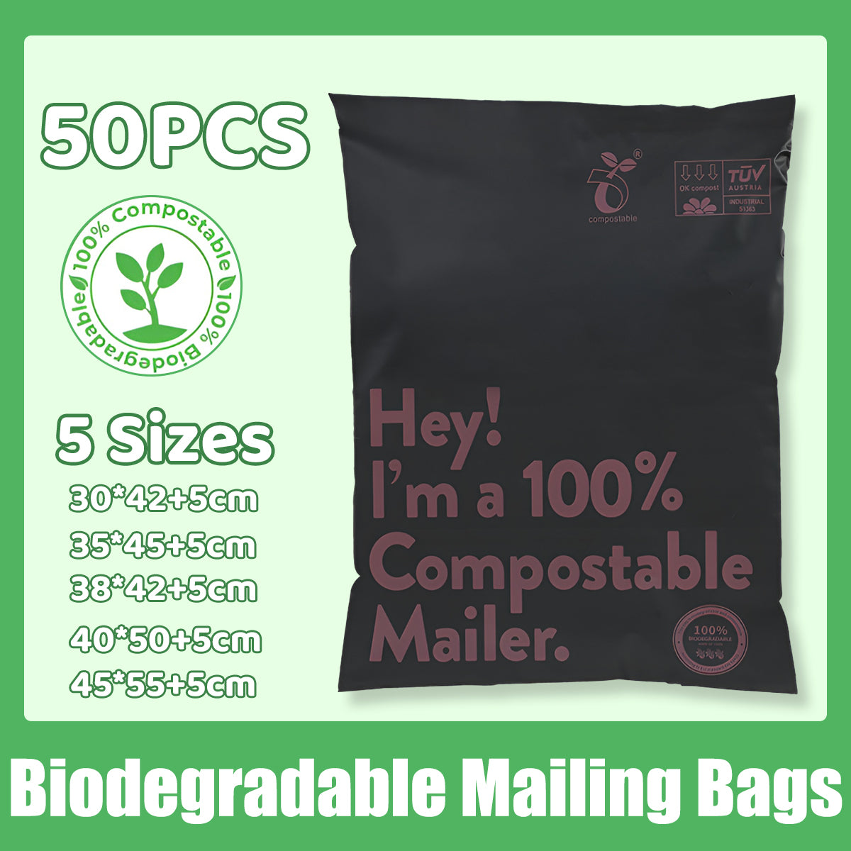 50PCS Eco-Friendly Grey Garment Postal Mailing Bags 5 Sizes