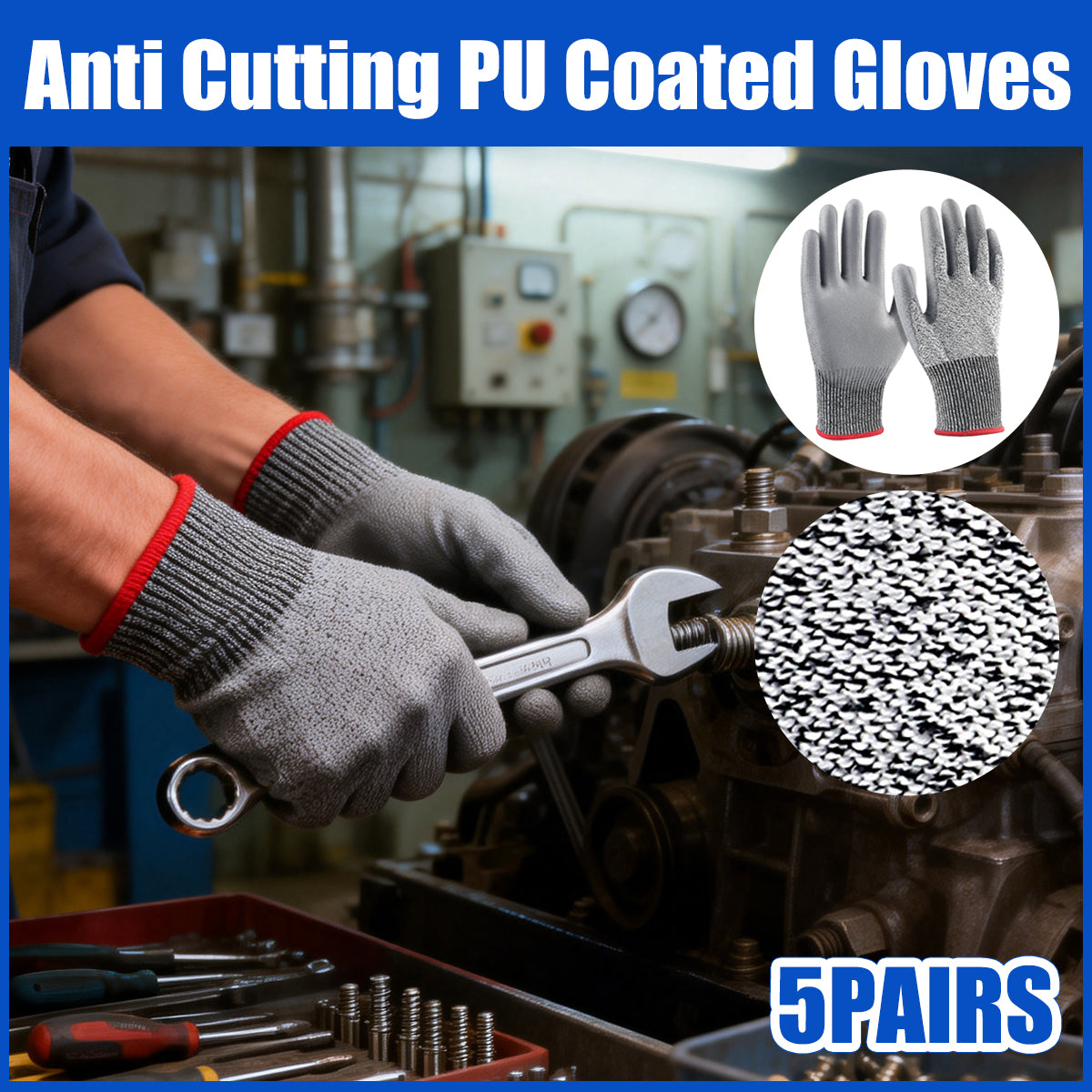 Cut Resistant Work Gloves PU Coated Safety Gloves 5Pairs