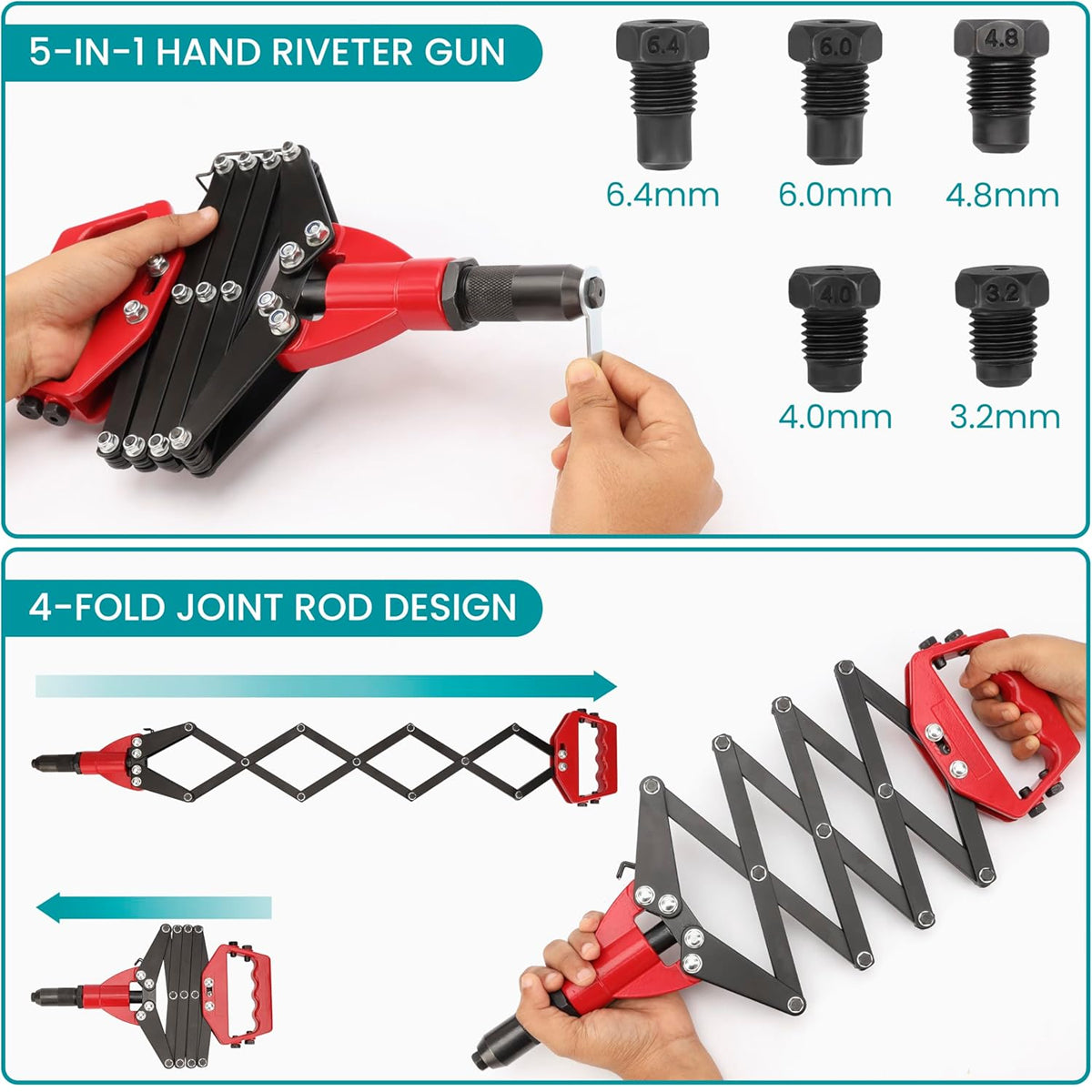 Folding Rivet Gun Tool Kit with 5 Nozzles for Metal Wood Plastic Repairs