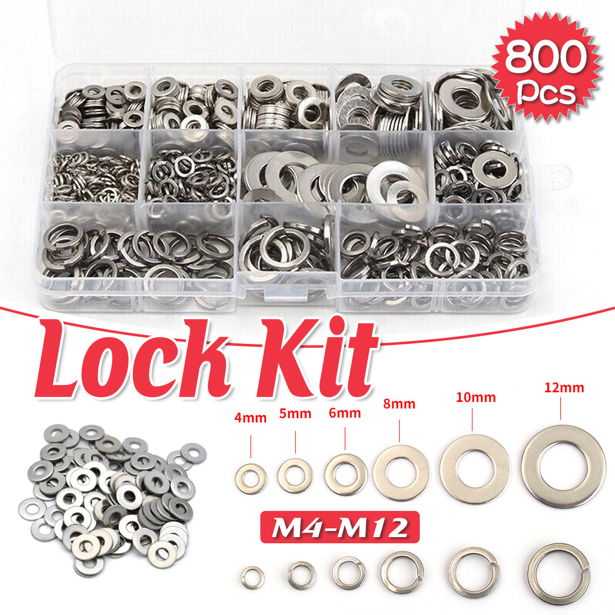 800PCS M4–M12 Stainless Steel Flat Spring Washer Kit