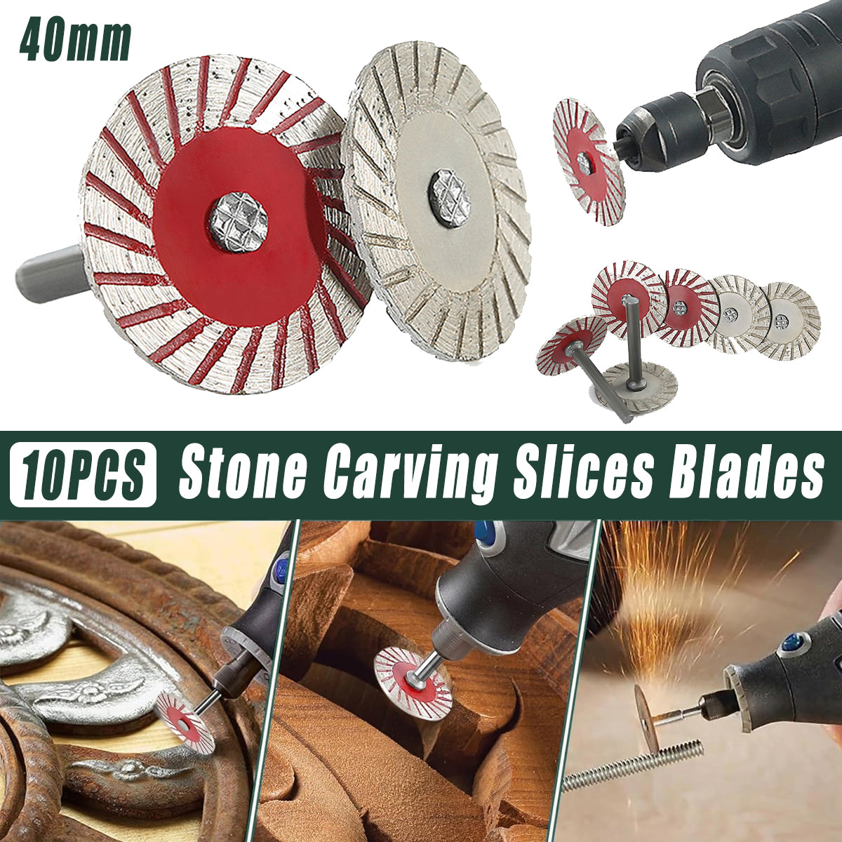 10PCS 40mm Stone Engraving Cutting Blades Diamond Rotary Tool Discs with Handle