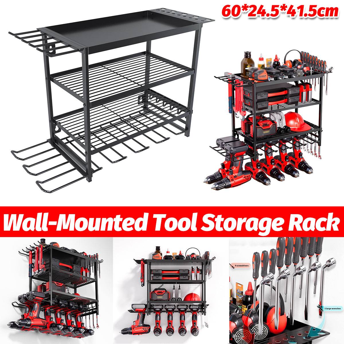 4-Layer Wall-Mounted Power Tool Storage Rack for Drill Screwdriver Organisation