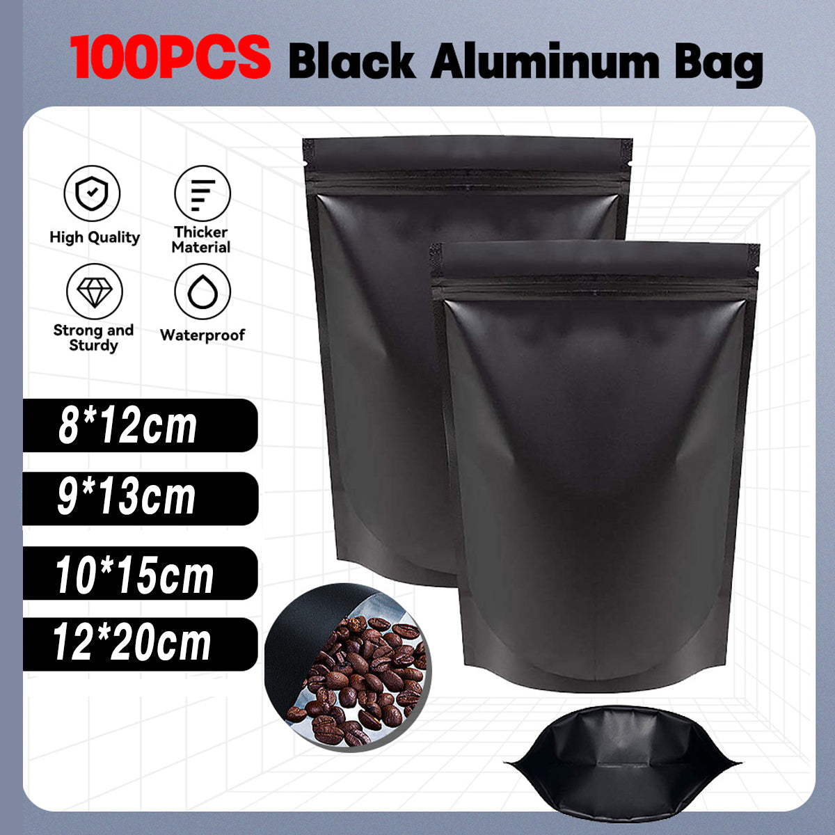 100PCS Black Aluminium Foil Resealable Food Storage Pouches