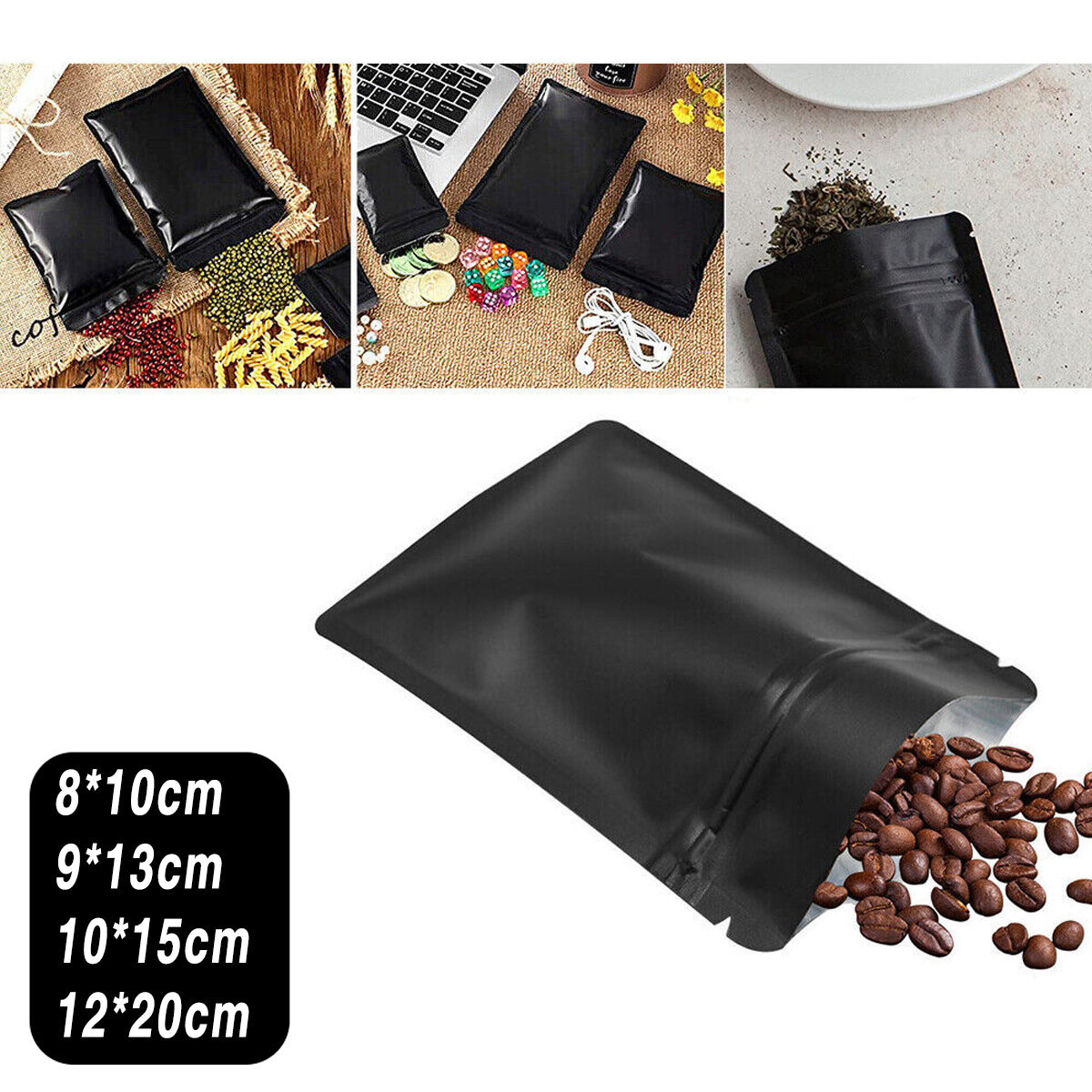 100PCS Black Aluminium Foil Resealable Food Storage Pouches