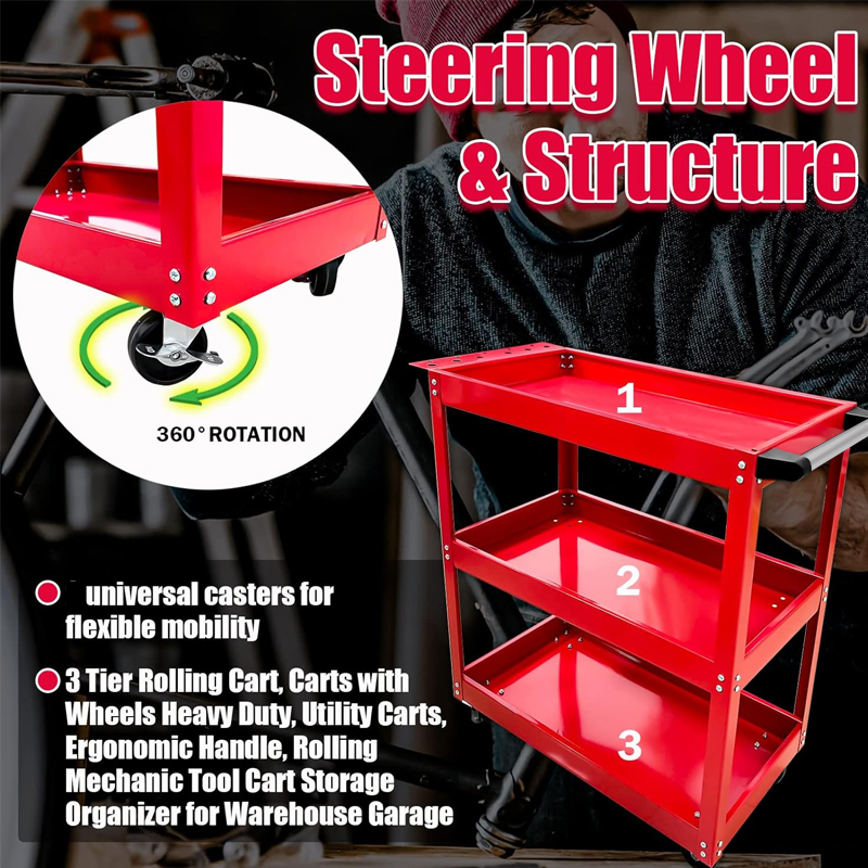 3 Tier Steel Tool Trolley Workshop Rolling Cart with Handle
