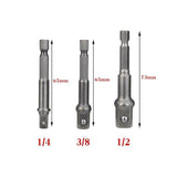3PC Drill Socket Adapter Hex Drive To 1/4" 3/8" 1/2" Impact Driver