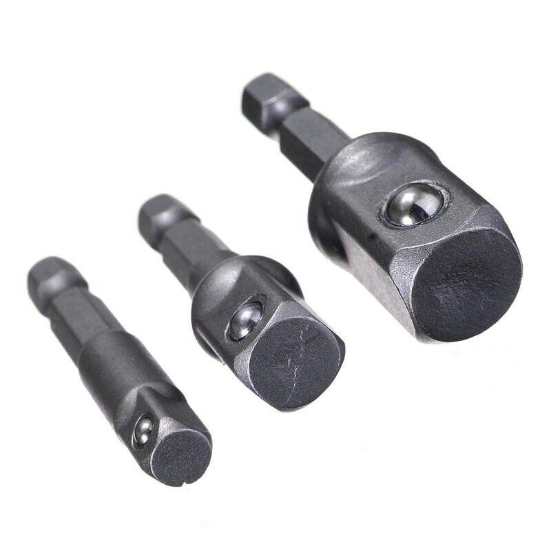 3PC Drill Socket Adapter Hex Drive To 1/4" 3/8" 1/2" Impact Driver