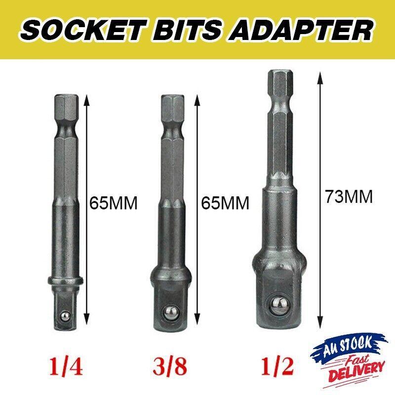 3PC Drill Socket Adapter Hex Drive To 1/4" 3/8" 1/2" Impact Driver