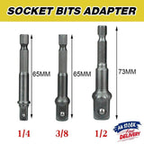 3PC Drill Socket Adapter Hex Drive To 1/4" 3/8" 1/2" Impact Driver