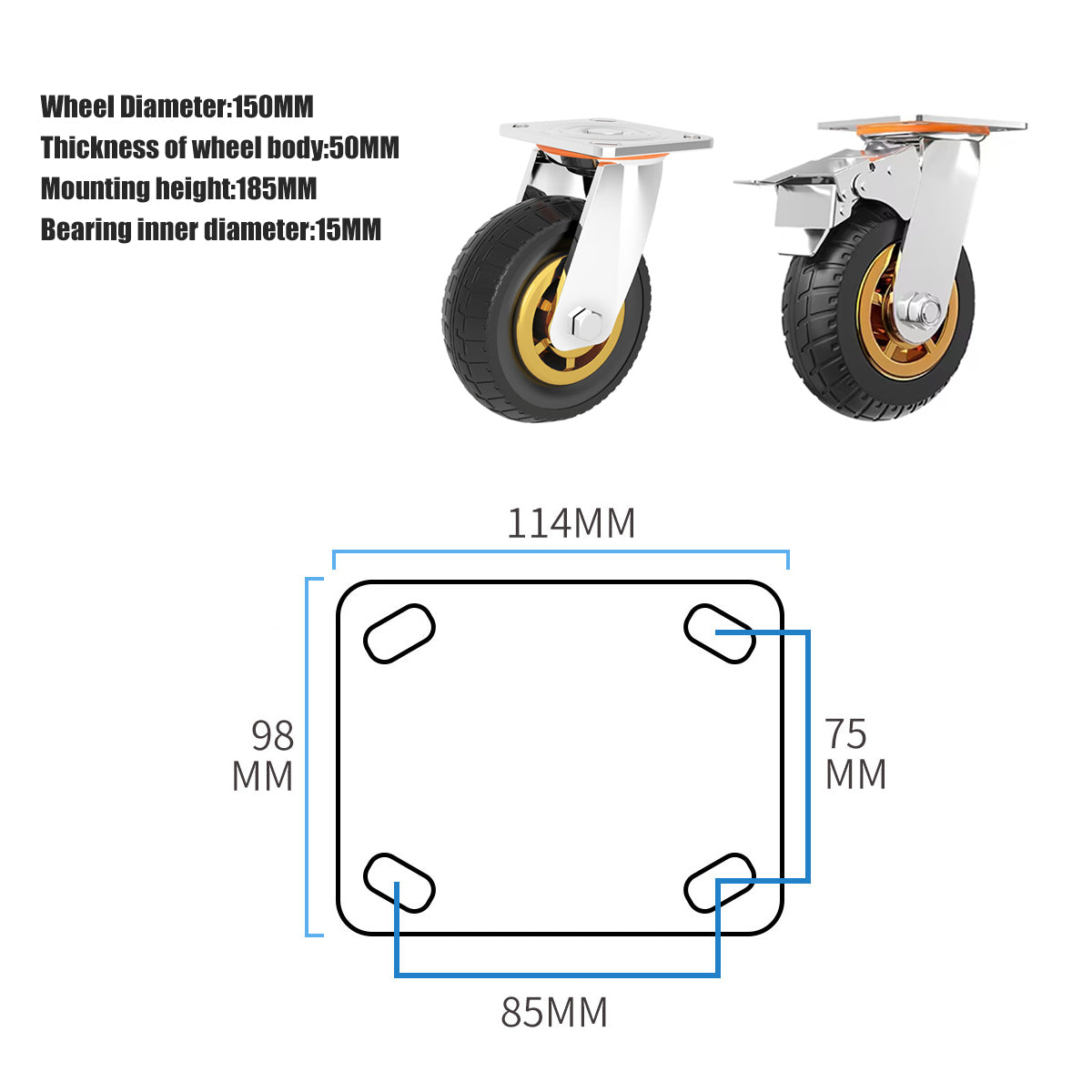 4pcs 6 Inch Heavy Duty Swivel Caster Wheels 1000KG Load with Brakes