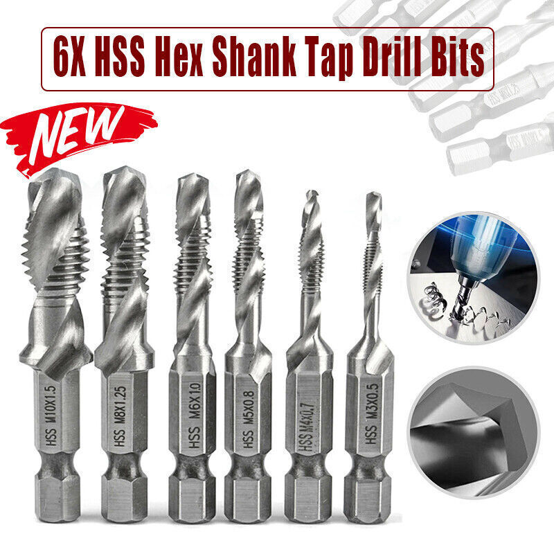 6PCS HSS Hex Shank Tap Drill Bits Metric Thread Screw Tapping Set