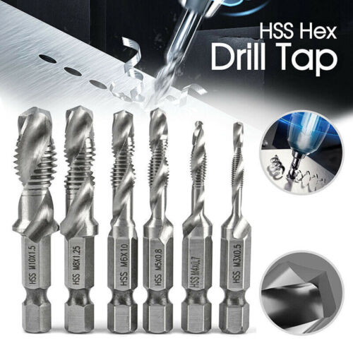 6PCS HSS Hex Shank Tap Drill Bits Metric Thread Screw Tapping Set