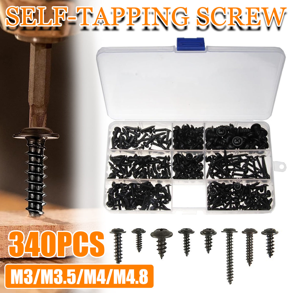 340PCS Black Self-Tapping Screws Assortment for Metal Wood