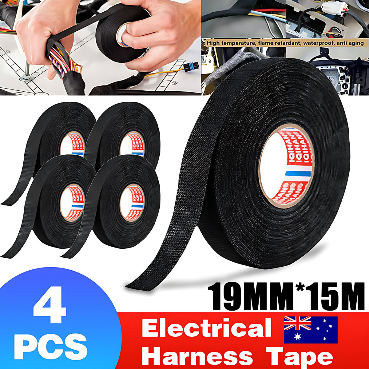 4PCS 19mm x 15M Car Wiring Harness Adhesive Cloth Tape Noise Reduction